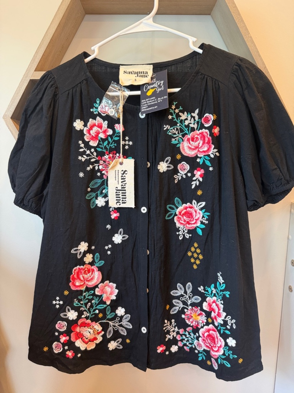 Savanna Jane Black Embroidered Floral Button-Front Top